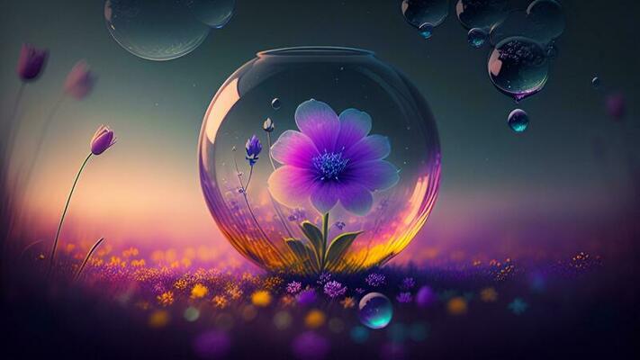 Image of a beautiful flower inside a glass jar with bubbles around