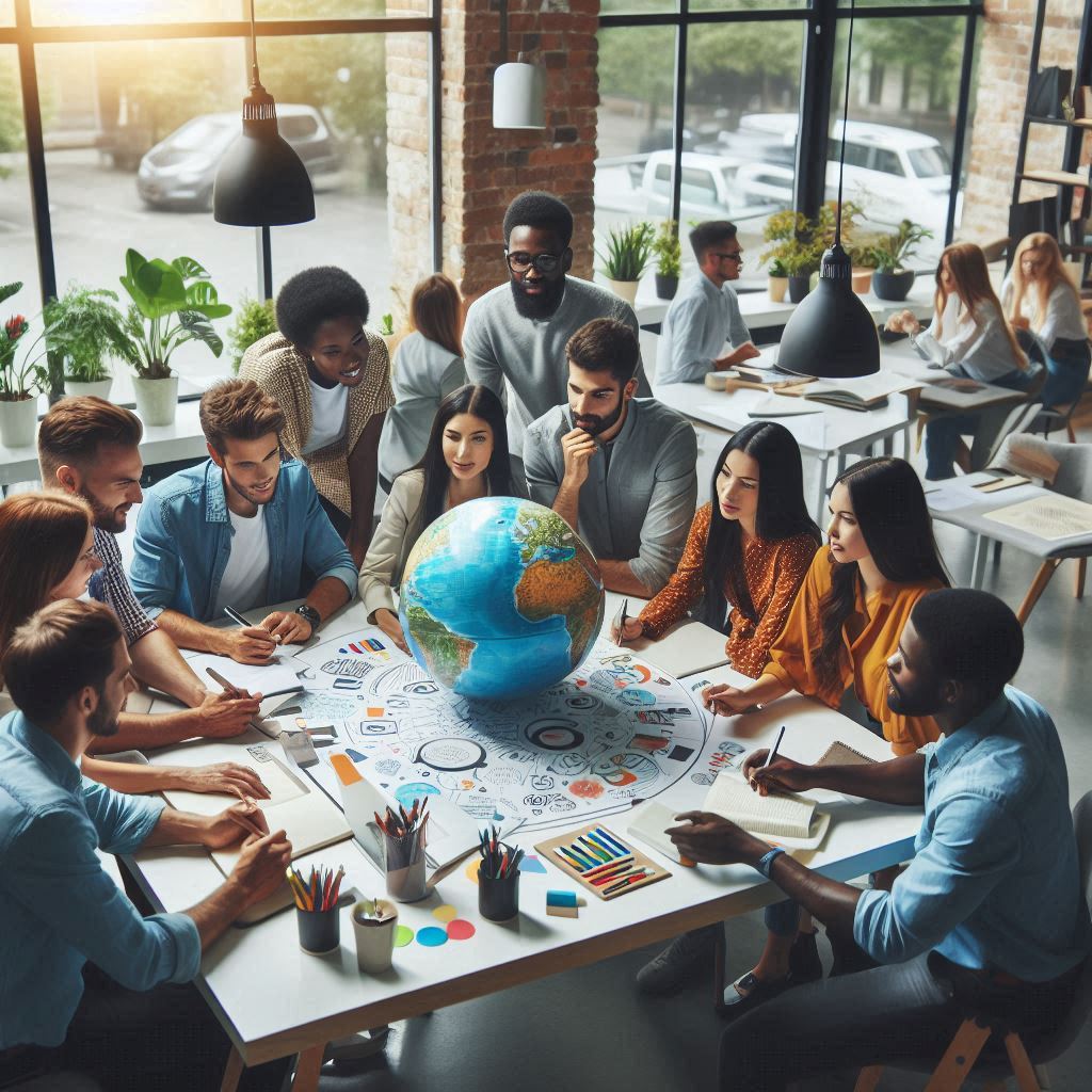 Image of a globe in the middle of a table and a team working together around it